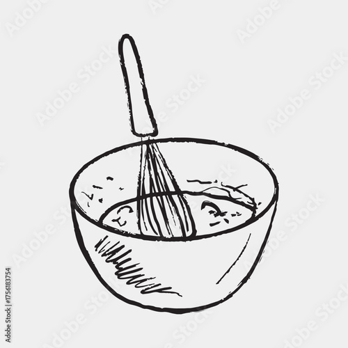 Hand drawn mixing bowl with a whisk stirring a textured batter or dough. Vector sketch illustration in vintage crayon textured style. Cooking process, kitchen design, recipe.