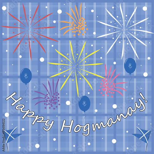 Hogmanay Graphic with Fireworks and Scottish Flags