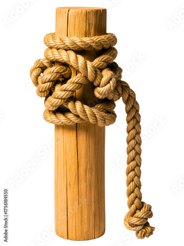 Thick nautical rope tied in a complex knot on a wooden piling on a transparent background