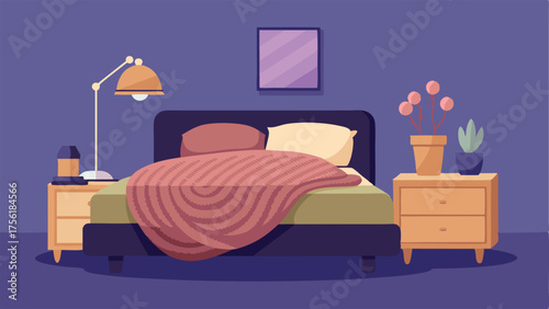 A cozy bedroom with a platform bed a chunky knit throw and a simple nightstand.