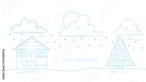 background illustration for winter with pine trees and houses, illustration in outline style