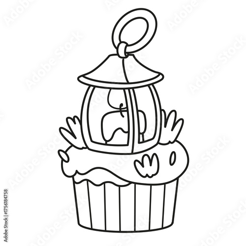 Biscuit cake with Halloween decorative lantern with a candle outline for coloring page on white background