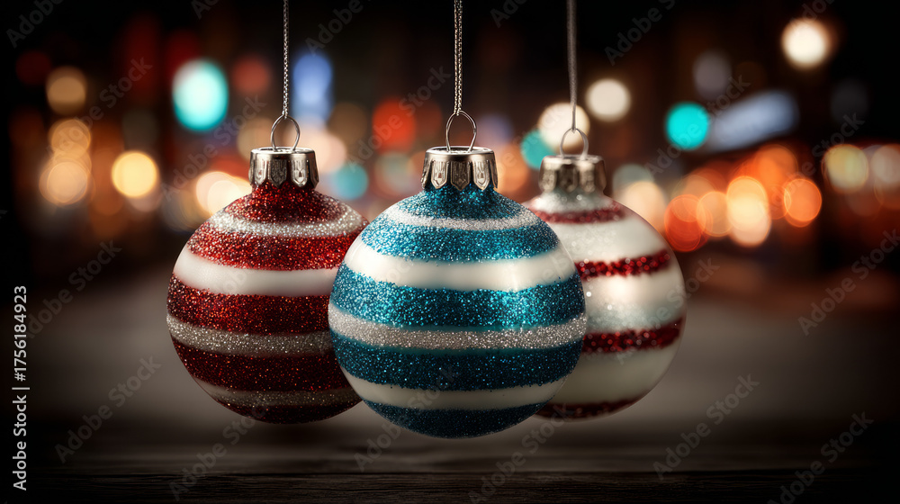Fototapeta premium Three Christmas Ornaments with Red and Blue Glitter Stripes Hanging on a Cord in Front of Blurred Festive Lights Background for Holiday Decorations and Seasonal Celebrations