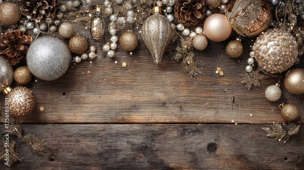 Obraz premium Elegant Christmas Ornaments and Decorative Items on Wooden Background in Gold and Silver Tones for Festive Celebrations and Holiday Preparations