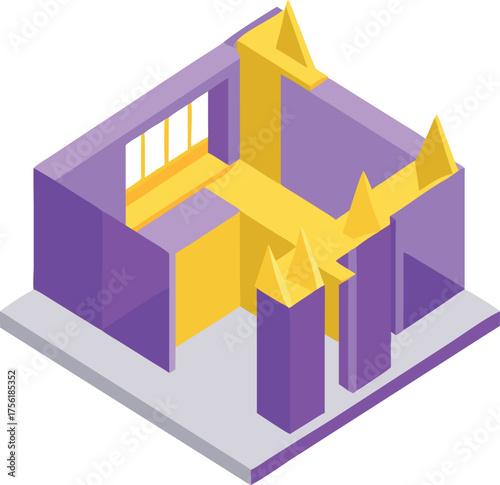 3D house illustration . Isometric view of a purple and yellow interior architectural design