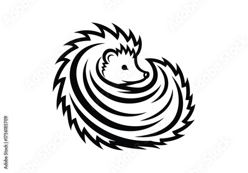 Hedgehog Rolling into Ball Strong Tribal Style Isolated White Background