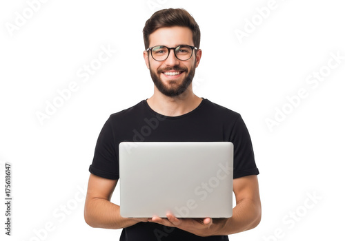 Smiling man holding a laptop computer isolated on transparent background