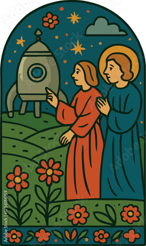 Two figures in medieval robes stand on a green hillside filled with flowers, gazing at a rocket under a starry sky, blending ancient iconography with futuristic space exploration.