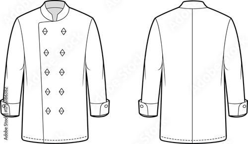 Professional Technical Fashion Flat Sketch of Chef Coat Template, Classic Double-Breasted Long-Sleeve Culinary Uniform Apparel Drawing Vector Illustration with Band Collar
