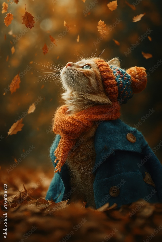 Obraz premium A cute ginger cat sitting among autumn leaves, wearing a cozy blue coat and an orange knitted scarf and hat