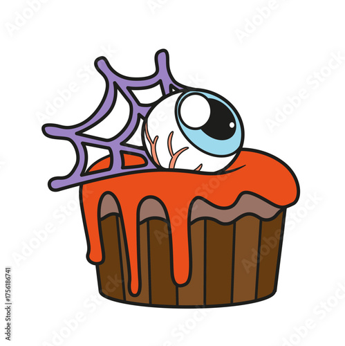 Biscuit cake with Halloween eye decoration on white background