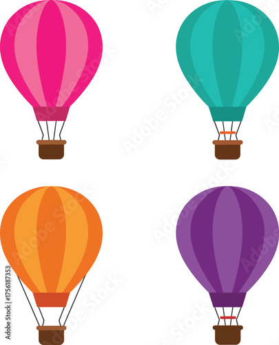 Four colorful hot air balloons ready for adventure and flight depicted in vibrant hues isolated on transparent background