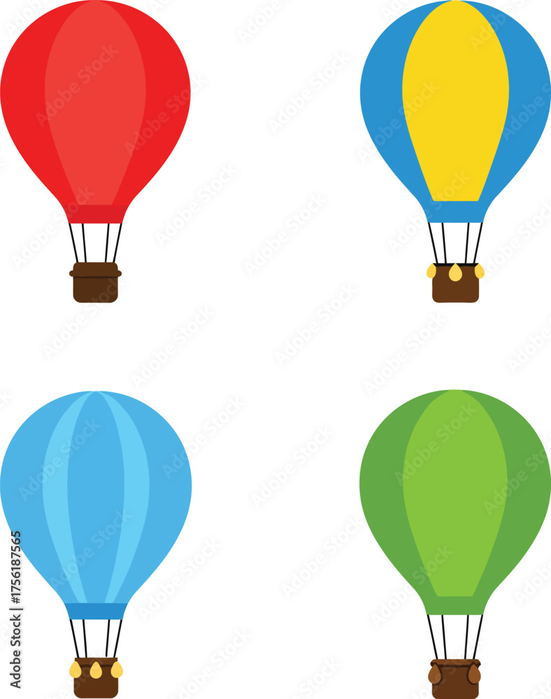 Fototapeta premium Four colorful hot air balloons ready for adventure and travel isolated on transparent background