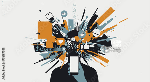 Abstract vector illustration of a person's head exploding into a chaotic burst of social media notifications, symbolizing digital distraction and information overload.