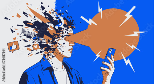 Digital art illustration of a person overwhelmed by a smartphone, with their head exploding into fragments, symbolizing social media overstimulation and tech burnout.