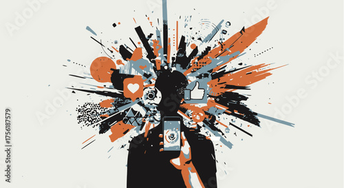 Abstract illustration of a person's head exploding with social media icons and digital noise while holding a smartphone, symbolizing information and like-driven overload.