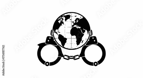 Earth globe in handcuffs vector image illustrating global crime, political control, human rights, and restriction.