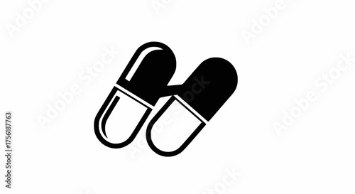 Two black and white capsule pills vector icon for medicine, health, pharmacy, and drug treatment concepts.