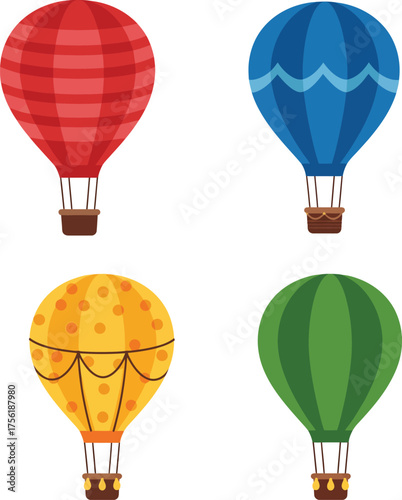 Colorful hot air balloons in four distinct designs ready for aviation adventures isolated on transparent background