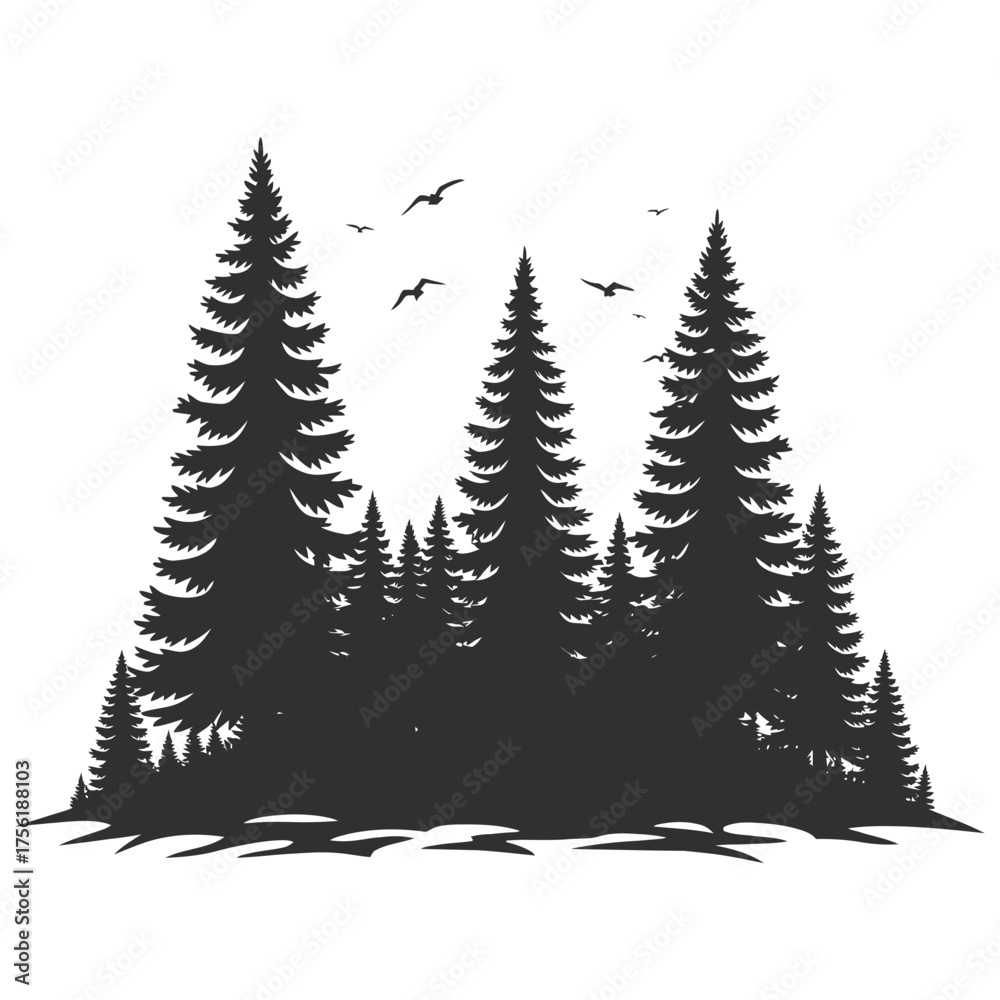 Fototapeta premium Dark forest of evergreen trees with flying birds a striking silhouette
