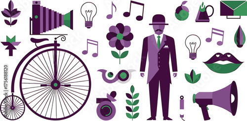 Vintage Penny Farthing Bicycle and Assorted Retro Style Objects Keywords: vintage, retro, penny farthing, bicycle, old, antique, wheel, transportation, object, collection, set, graphic, design