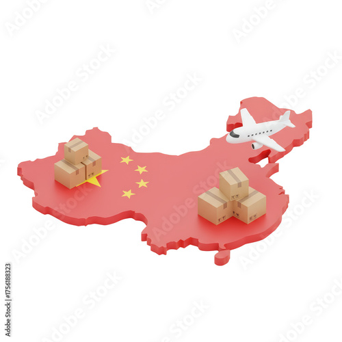 China's global commerce showcased through airplane deliveries and boxed exports across a stylized