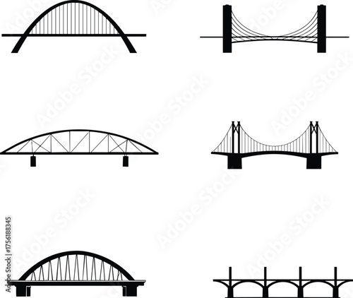 Bridge silhouettes vector, architectural structures illustration, civil engineering design, suspension bridge, arch bridge, truss bridge, cable stayed, beam bridge, infrastructure