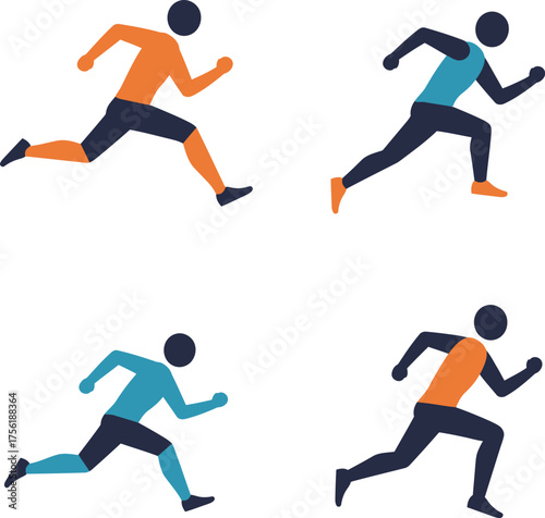 Dynamic sports silhouettes four runners competing in a race with vibrant athletic attire isolated on transparent background