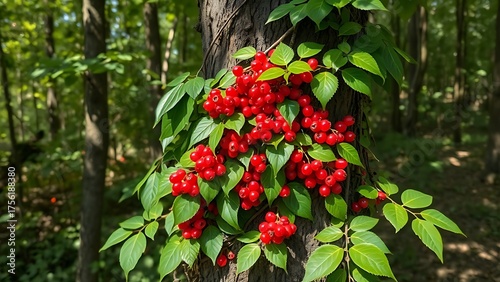 Schisandra vine with red berries growing around a tree trunk in forest.