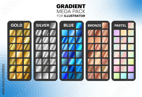 Collection of gold, silver, blue, bronze and pastel gradients for illustrator