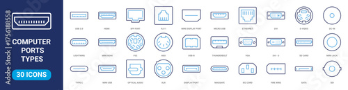 Computer ports types, electronic device input cable cords. Vector realistic type c and mini USB, ethernet and HDMI, DisplayPort.
