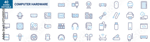 Computer hardware components and tech devices. Includes CPU, GPU, motherboard, RAM, hard drive, SSD, monitor, keyboard, mouse, printer, server