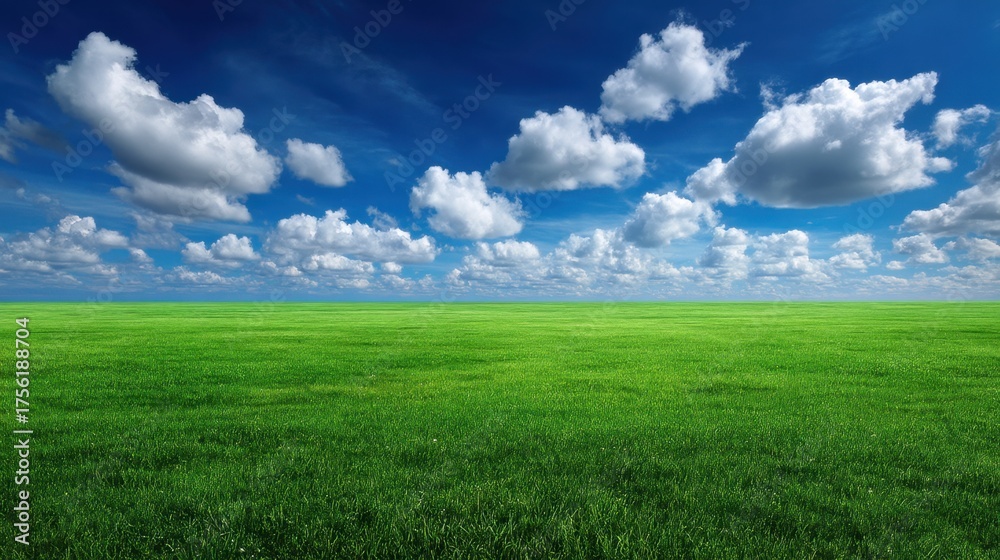 Obraz premium Expansive Green Grass Field Under Bright Blue Sky with Fluffy White Clouds and Beautiful Natural Landscape for Outdoor Activities and Scenic Views