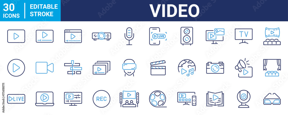 Fototapeta premium Video web icons in line style. Camera, play, film, cinema, live, media, collection. Vector illustration.