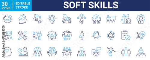 Soft Skills web line icons. Skills, leadership, communication, creativity, empathy, self-motivation, problem solving, teamwork and responsibility. Editable stroke outline Vector illustration