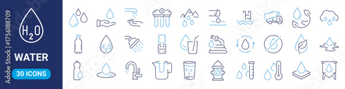 water linear icon collection real estate. Drop Water, Mineral Water, Low and High Tide, Shower, Plastic Bottle and Glass. Editable stroke. Vector illustration