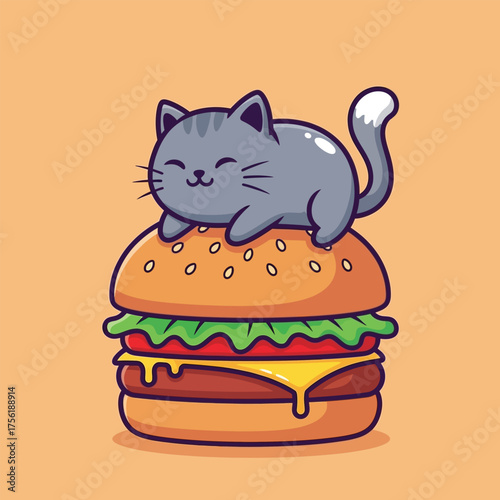 Cute gray cat sleeping on top of a big cheeseburger, funny and charming cartoon food illustration