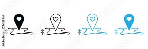 Find your dream romantic vacation spot or promote travel destinations with these charming map pin icons featuring a heart. Perfect for travel blogs and dating apps.