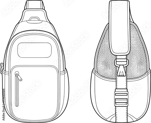 Backpack technical drawing, front and back view, vector line art, travel bag design, shoulder strap, mesh padding, zipper compartments