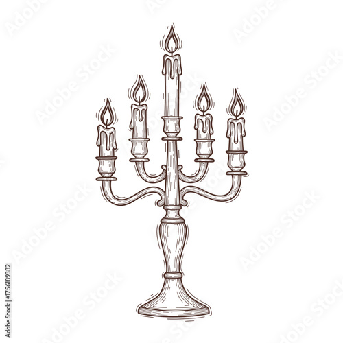 Candelabra with five candles in vintage style illustration  