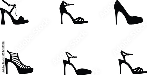 High heel shoe silhouettes, fashion footwear vector, elegant women shoes, stiletto heels, stylish pumps, trendy sandals, footwear design illustration