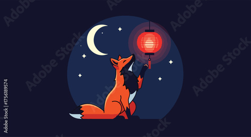 Fox holding a lantern under the night sky vector illustration for festive designs isolated on dark b
