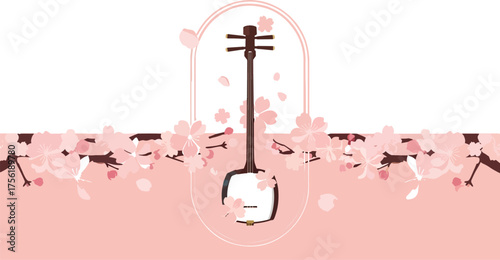 Shamisen illustration with cherry blossoms Japanese traditional instrument vector art for cultural e