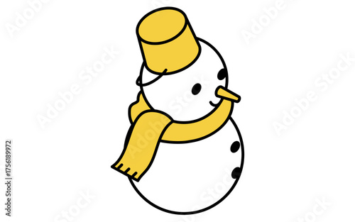 バケツを被ってマフラーをつけている雪だるまの線画アイコンのアイソメトリックイラスト