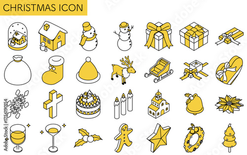 クリスマスの線画アイコンセット　雪だるま、ツリー、リースなど冬のかわいい, アイソメトリックイラスト