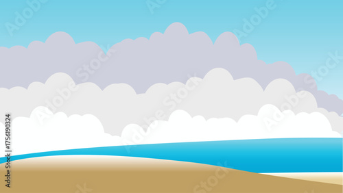 Sea view, sandy beach, sky with thick clouds, background illustration