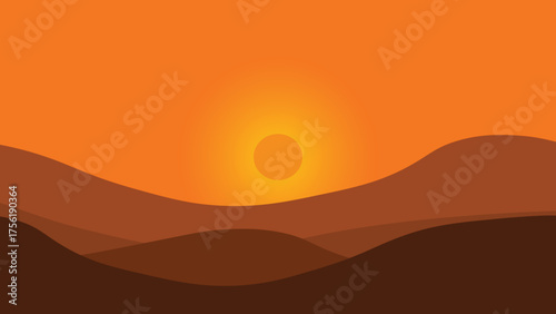 Sunset view red sky shadow mountains complex background illustration