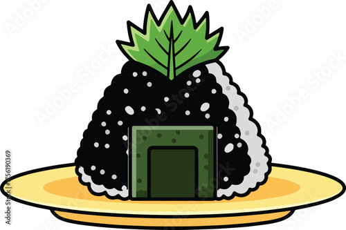 Cartoon onigiri rice ball with nori seaweed and shiso leaf served on a plate vector illustration