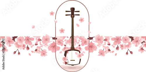 Sanxian illustration with cherry blossoms a traditional Chinese stringed instrument vector art for c