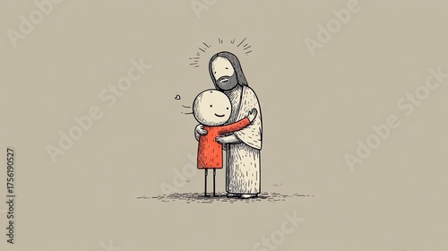 illustration doodle, sketch of Jesus Christ hugging a child, mocha brown background, 